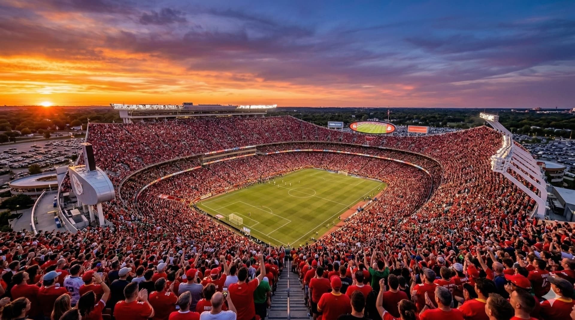 Vista cinematográfica del GEHA Field at Arrowhead Stadium en Kansas City, MO para la Copa del Mundo FIFA 2026